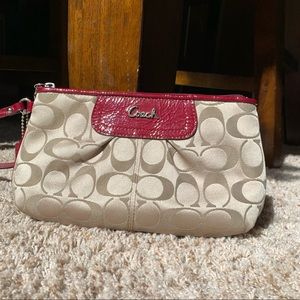 COACH Signature Wristlet, tan with red accents